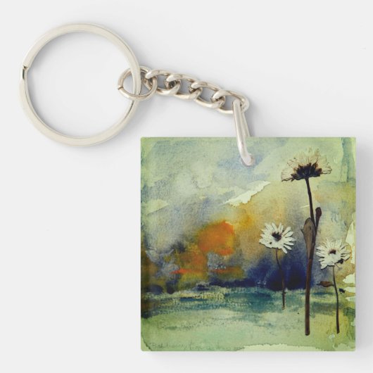 Abstracte Waterverf Flower Sleutelhanger (Voorkant)