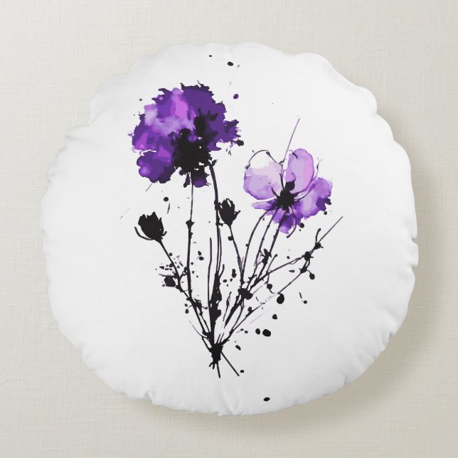 Abstracte Waterverf Flowers Rond Kussen (Voorkant)