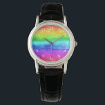Abstracte Waterverf gekleurde strips regenboog Horloge<br><div class="desc">Abstracte Waterverf Geschilderde stripes Regenboog. Kleurrijke regenboog waterverf,  typografie girly trendy chic,  paarse roze glitter art,  monogram moderne naam stijlvol,  stoutmoedig gelukkig artistiek,  expressie zomervrede groen,  blauwe liefde abstract,  vrijheidspleetverf,  homo vlag borstel creatief,  waterverf regenboogkleurig.</div>