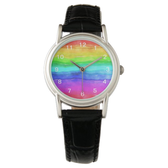 Abstracte Waterverf gekleurde strips regenboog Horloge (Voorkant)