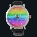 Abstracte Waterverf gekleurde strips regenboog Horloge<br><div class="desc">Abstracte Waterverf Geschilderde stripes Regenboog. Kleurrijke regenboog waterverf,  typografie girly trendy chic,  paarse roze glitter art,  monogram moderne naam stijlvol,  stoutmoedig gelukkig artistiek,  expressie zomervrede groen,  blauwe liefde abstract,  vrijheidspleetverf,  homo vlag borstel creatief,  waterverf regenboogkleurig.</div>