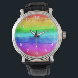 Abstracte Waterverf gekleurde strips regenboog Horloge<br><div class="desc">Abstracte Waterverf Geschilderde stripes Regenboog. Kleurrijke regenboog waterverf,  typografie girly trendy chic,  paarse roze glitter art,  monogram moderne naam stijlvol,  stoutmoedig gelukkig artistiek,  expressie zomervrede groen,  blauwe liefde abstract,  vrijheidspleetverf,  homo vlag borstel creatief,  waterverf regenboogkleurig.</div>