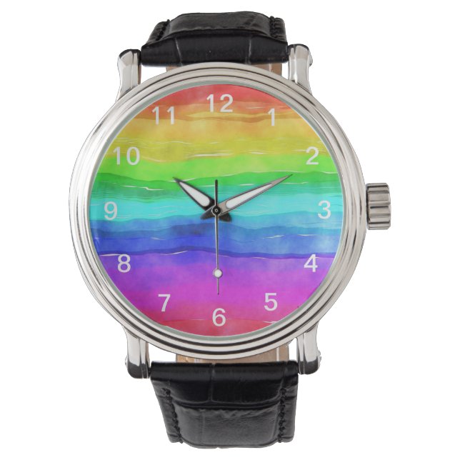 Abstracte Waterverf gekleurde strips regenboog Horloge (Voorkant)