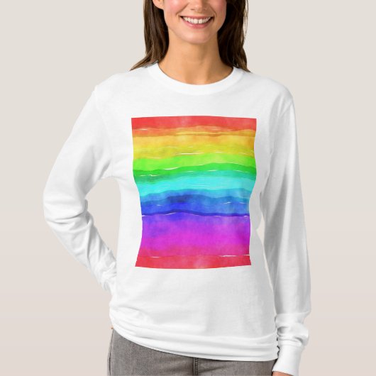 Abstracte Waterverf gekleurde strips regenboog T-shirt (Voorkant)