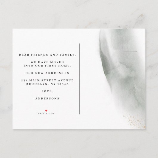 Abstracte Waterverf Groene penseelstreken & goud Aankondigingskaart (Achterkant)