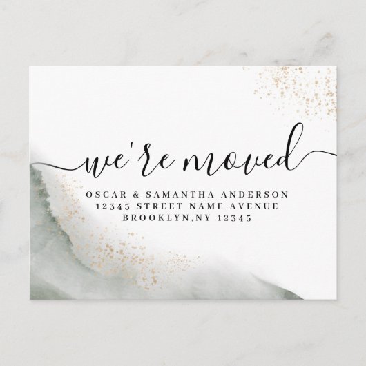 Abstracte Waterverf Groene penseelstreken & goud Aankondigingskaart (Voorkant)