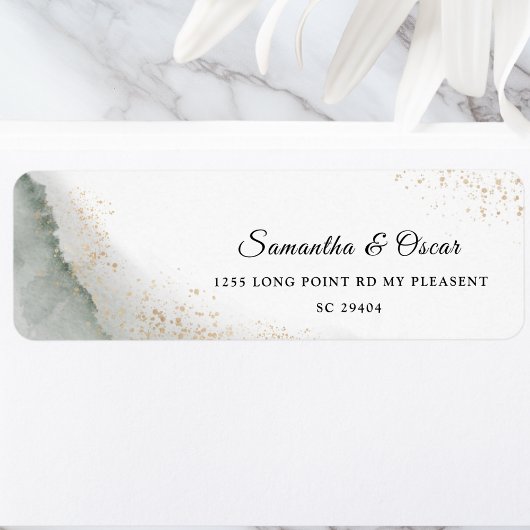 Abstracte Waterverf Groene penseelstreken & goud Etiket