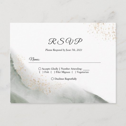 Abstracte Waterverf Groene penseelstreken & goud Uitnodiging Briefkaart (Voorkant)