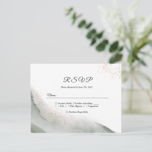 Abstracte Waterverf Groene penseelstreken & goud Uitnodiging Briefkaart (Staand voorkant)