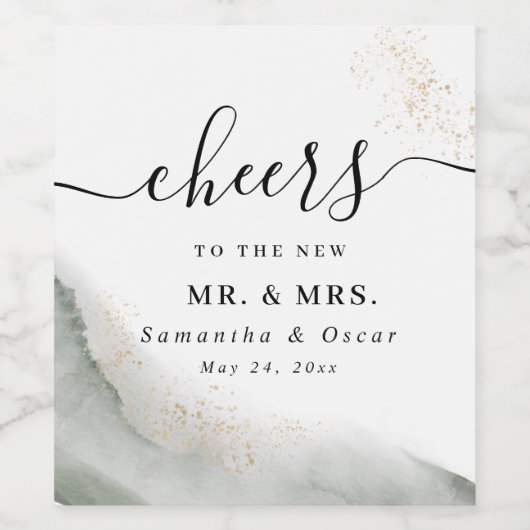 Abstracte Waterverf Groene penseelstreken & goud Wijn Etiket (Enkel label)