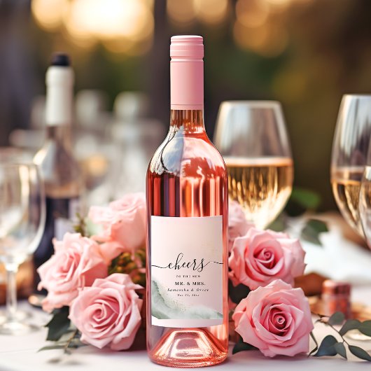 Abstracte Waterverf Groene penseelstreken & goud Wijn Etiket