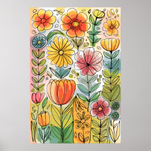 Abstracte Waterverf handgetekende bloemenillustrat Poster