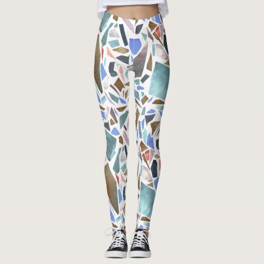 Abstracte waterverf: handgetekende witte achtergro leggings (Voorkant)