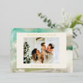 Abstracte Waterverf in Green Custom Photo Gold Folie Feestdagenkaart (Staand Voorkant)