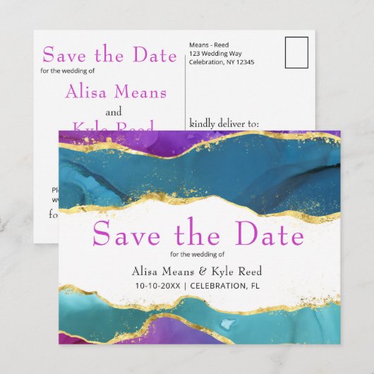 Abstracte Waterverf Ink Fuchsia Roze Blauwgroen go Aankondigingskaart (Voorkant / Achterkant)