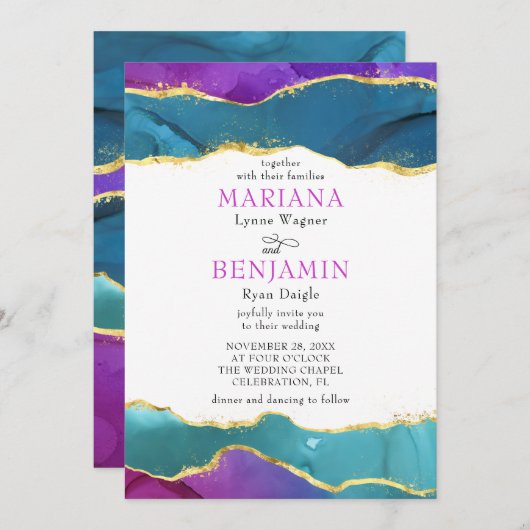 Abstracte Waterverf Ink Fuchsia Roze Blauwgroen Go Kaart (Voorkant / Achterkant)