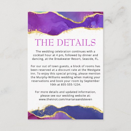 Abstracte Waterverf Ink Fuchsia Roze Paars Gold E Informatiekaartje (Voorkant)