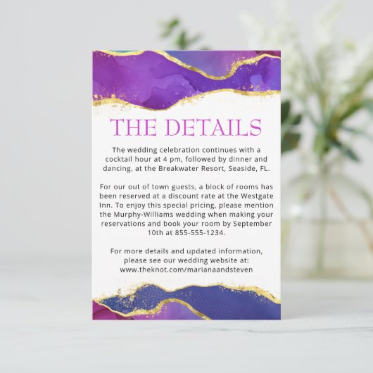 Abstracte Waterverf Ink Fuchsia Roze Paars Gold E Informatiekaartje (Staand voorkant)