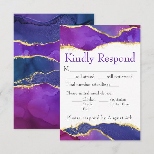 Abstracte Waterverf Ink Fuchsia Roze Paars Gold RSVP Kaartje (Voorkant / Achterkant)