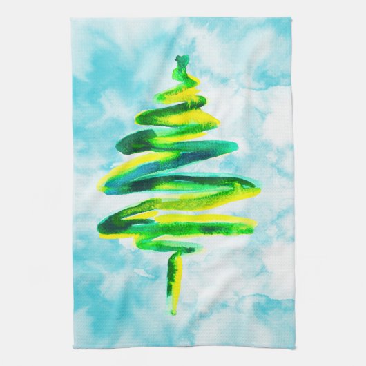Abstracte waterverf Keuken met blauw kerstboom Theedoek (Verticaal)