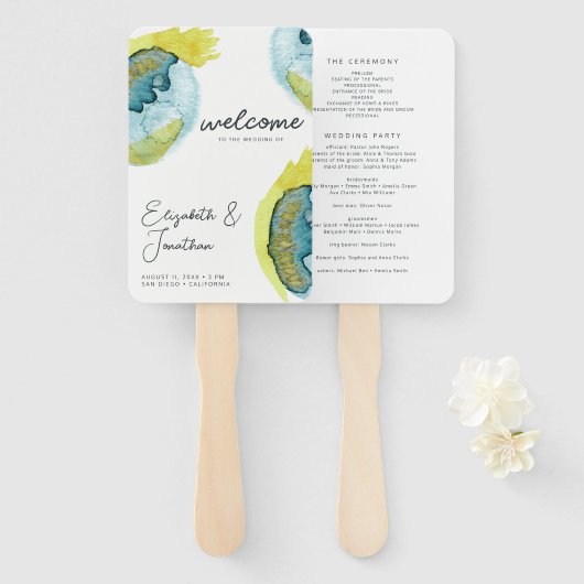 Abstracte Waterverf Kunst Uniek Trouwprogramma Handwaaier (Voorkant en achterkant)