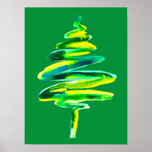 Abstracte waterverf met groene kerstboom poster