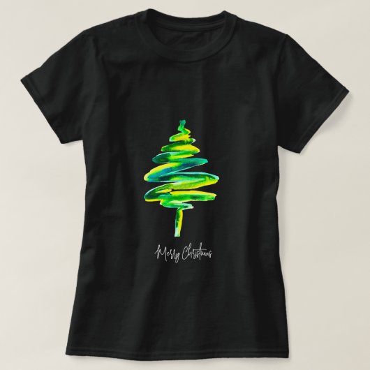 Abstracte waterverf met groene kerstboom t-shirt (Design voorkant)