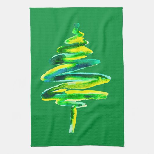 Abstracte waterverf met groene kerstboom theedoek (Verticaal)