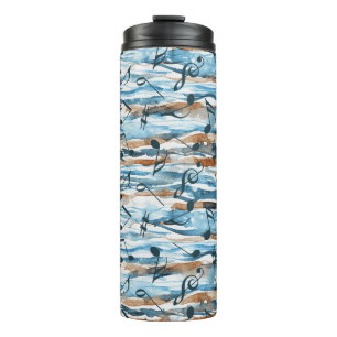 Abstracte waterverf muzieknoten patroon. thermosbeker