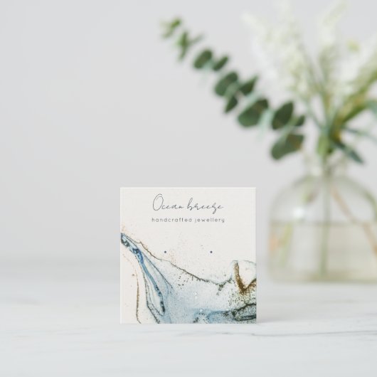 Abstracte Waterverf Navy Blue Gold Earring Holder Vierkante Visitekaartje (Staand voorkant)