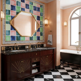 Abstracte Waterverf Navy Green Coral Block Pattern Tegeltje