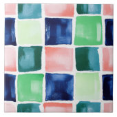 Abstracte Waterverf Navy Green Coral Block Pattern Tegeltje (Voorkant)