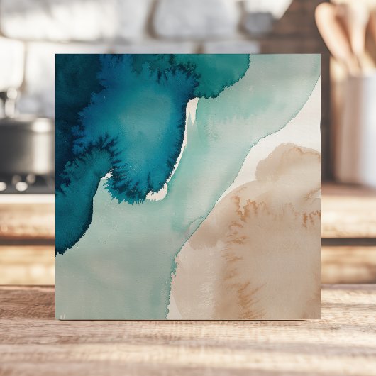 Abstracte Waterverf Ocean Blue en Sand Tegeltje