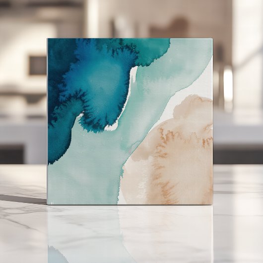 Abstracte Waterverf Ocean Blue en Sand Tegeltje