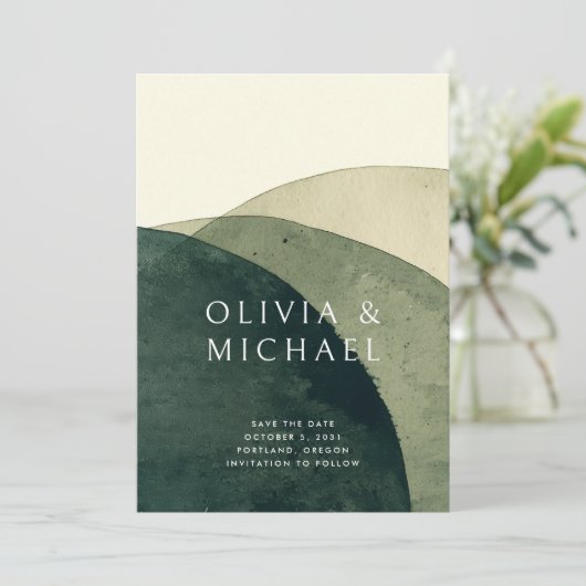 Abstracte Waterverf Olijfgroene foto bruiloft Save The Date (Staand voorkant)