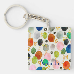 Abstracte Waterverf Pebble Gold Glitter Art + Naam Sleutelhanger