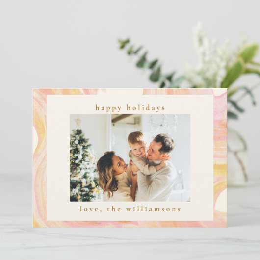 Abstracte waterverf perzik draaikolk aangepaste fo feestdagenkaart (Staand voorkant)