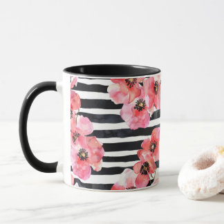 Abstracte Waterverf Roze Bloemen en Zwart Gestreep Mok