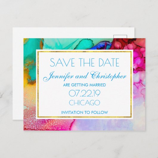 Abstracte Waterverf roze en Turquoise Marble Aankondigingskaart (Voorkant / Achterkant)