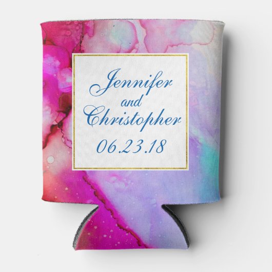 Abstracte Waterverf roze en Turquoise Marble Blikjeskoeler (Voorkant)