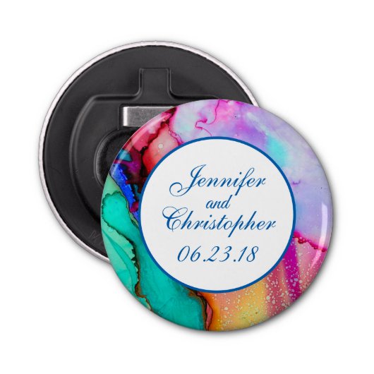 Abstracte Waterverf roze en Turquoise Marble Button Flesopener (Voorkant)