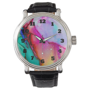 Abstracte Waterverf roze en Turquoise Marble Horloge