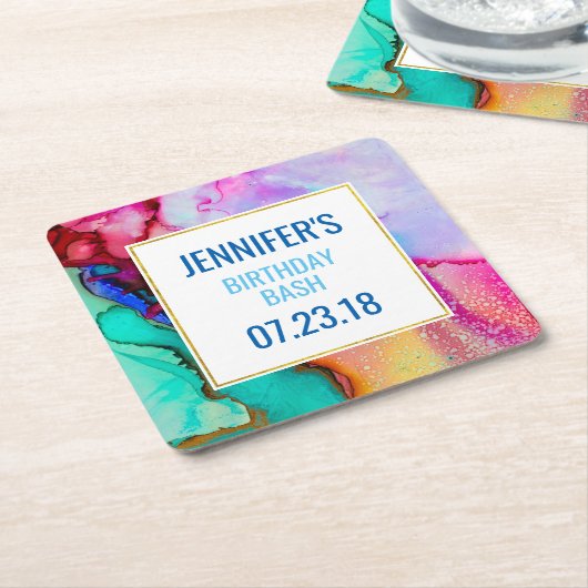 Abstracte Waterverf roze en Turquoise Marble Kartonnen Onderzetters (Schuin)