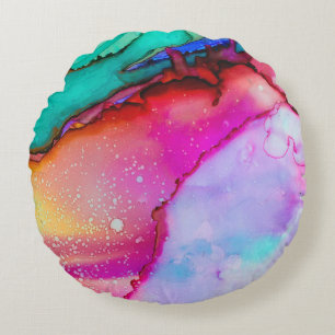 Abstracte Waterverf roze en Turquoise Marble Rond Kussen