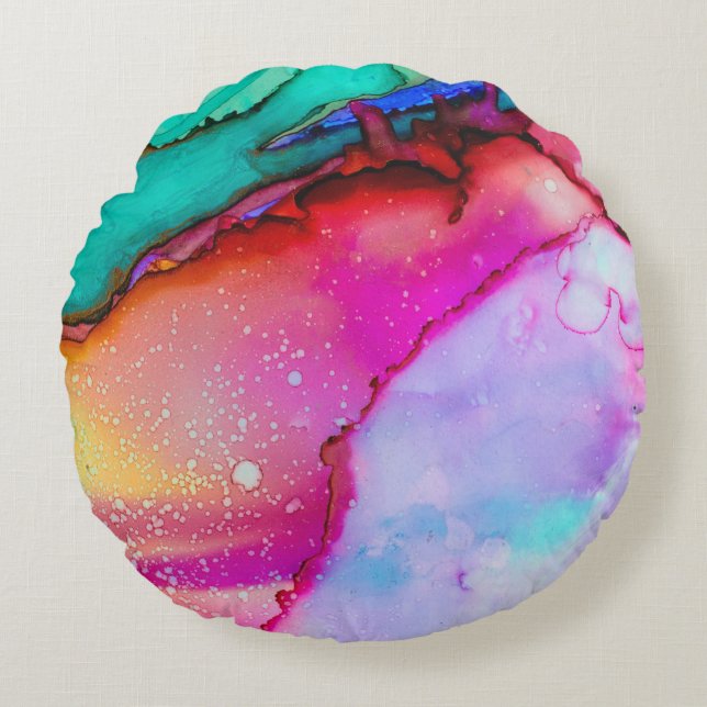 Abstracte Waterverf roze en Turquoise Marble Rond Kussen (Voorkant)