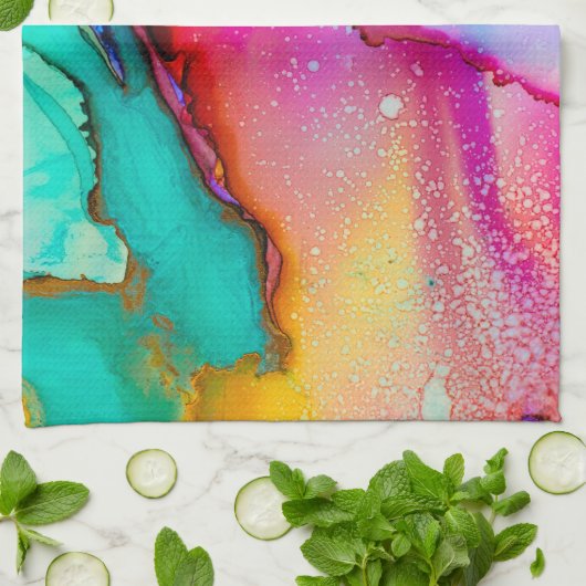 Abstracte Waterverf roze en Turquoise Marble Theedoek (Gevouwen)