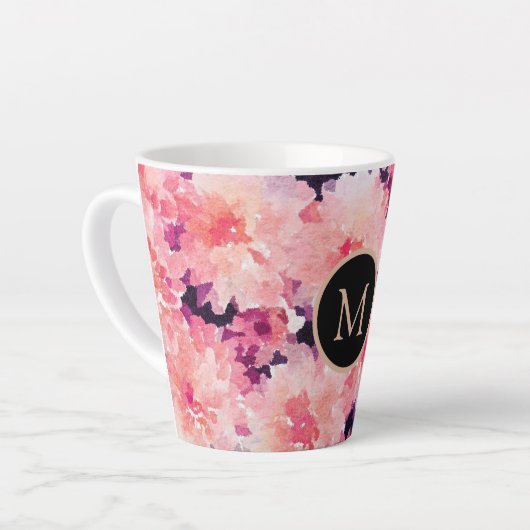 Abstracte waterverf roze florale monogram latte mok (Linkerhoek)