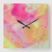 Abstracte Waterverf Roze Geel Paarse Vierkante Klok (Voorkant)