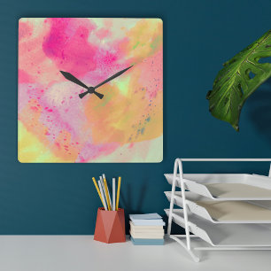Abstracte Waterverf Roze Geel Paarse Vierkante Klok