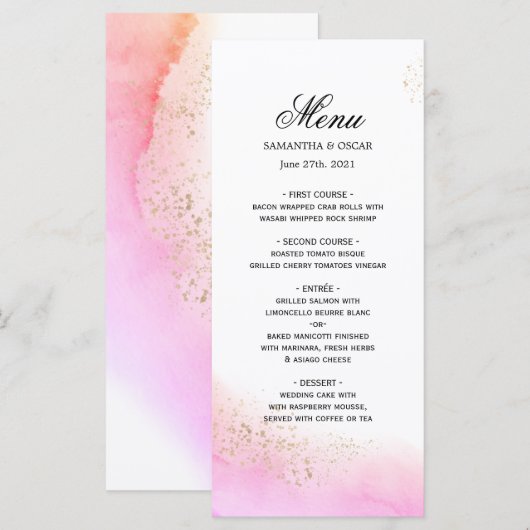 Abstracte Waterverf Roze penseelstreken & goud   Menu (Voorkant / Achterkant)